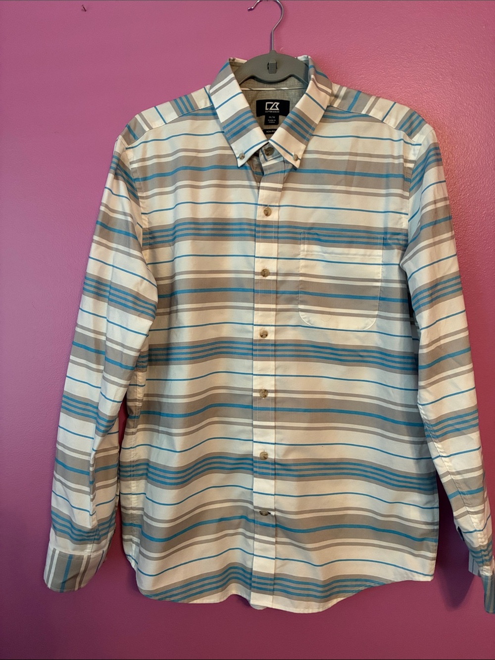 Cutter & Buck Men's Striped Button-Down Shirt in White, Blue & Gray
